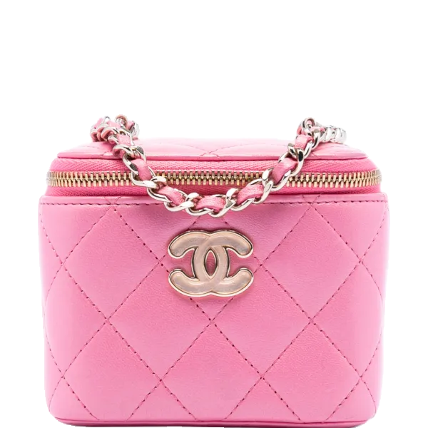 CHANEL Mini CC Quilted Lambskin Beaded Heart Charms Chain Vanity Case